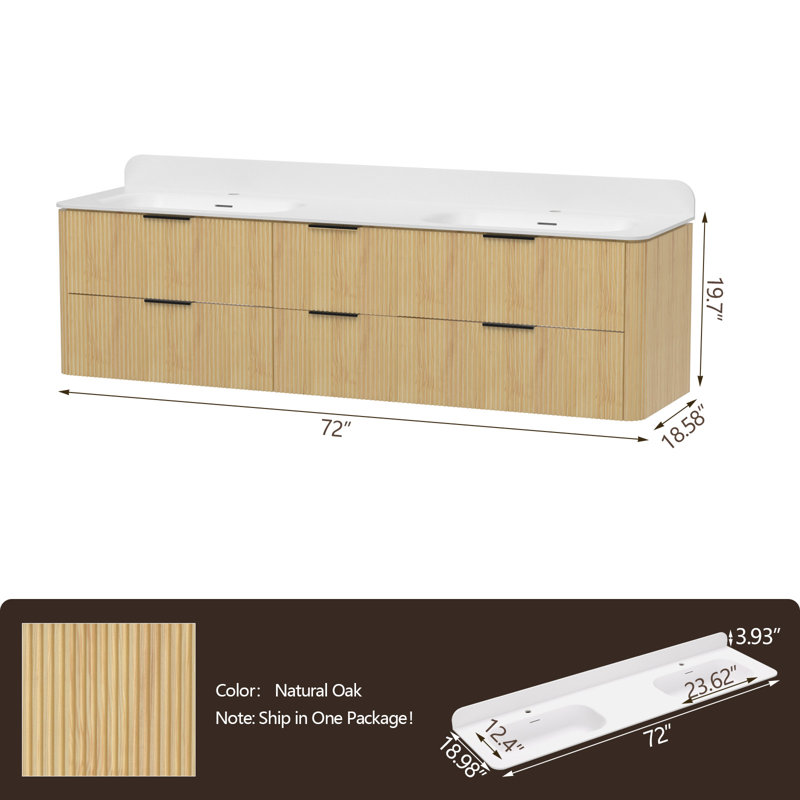 Meuble-lavabo mural 72 po en bois massif avec double lavabo et dosseret en acrylique, Chêne naturel / noir mat