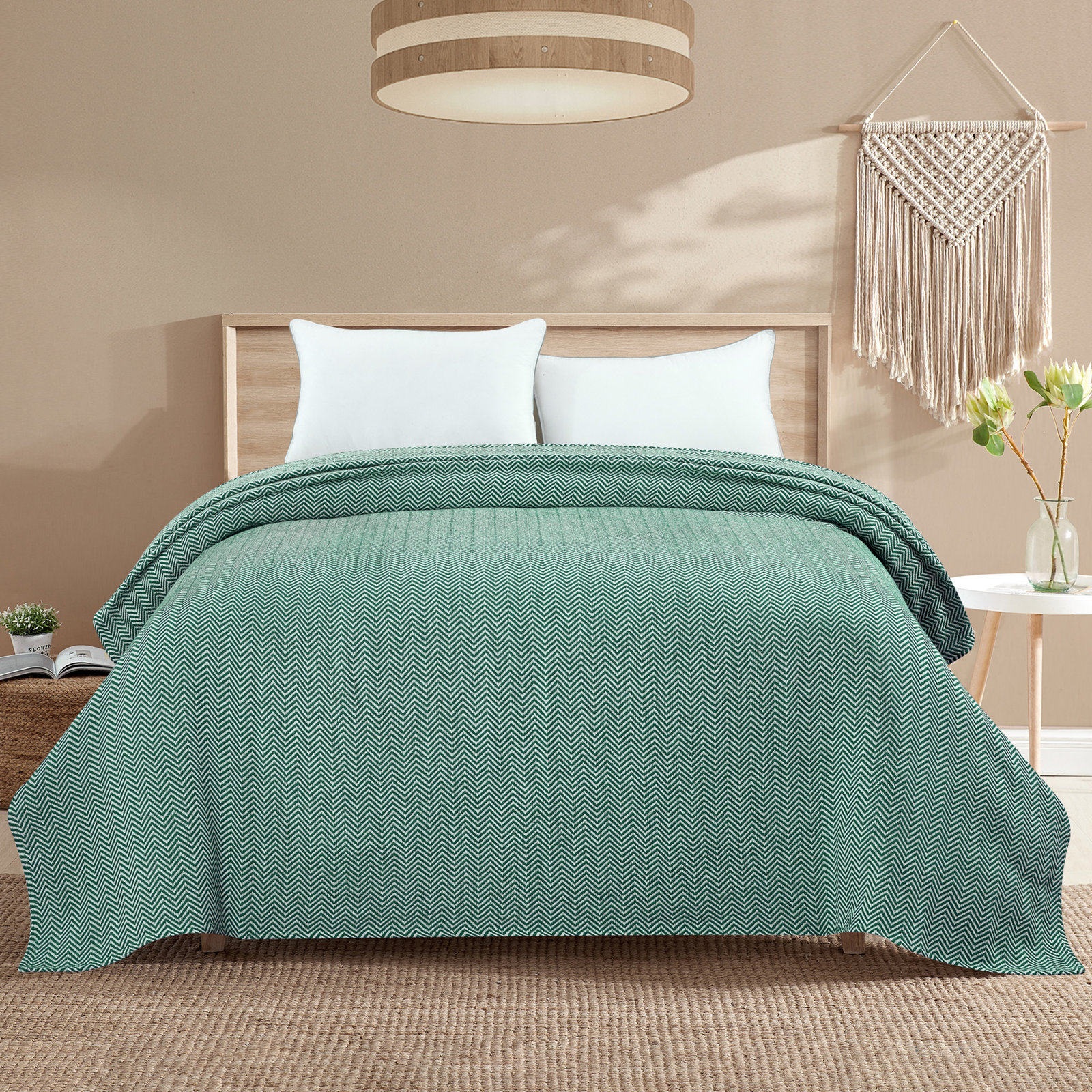 Herringbone Yarn Dyed 100% Cotton Blanket, Full / Queen, Green