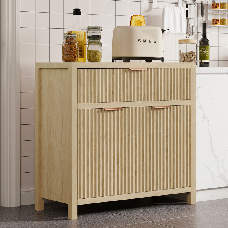 Sideboard Buffet - Oak 2 Door 1 Drawer Fluted Door Accent Cabinet, Natural Wood, One Drawer