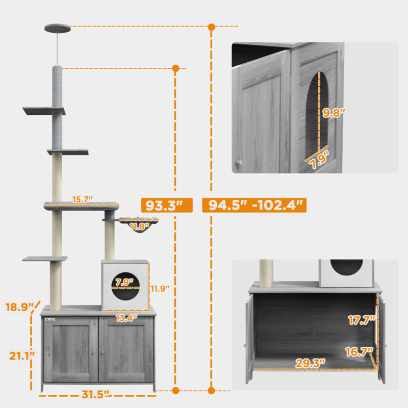 Arbre à chat avec bac à litière, bac à litière 2 en 1 pour plancher avec plafond, lit à barreaux, hamac, poteaux à griffer et plateformes pour l'intérieur, gris, bois
