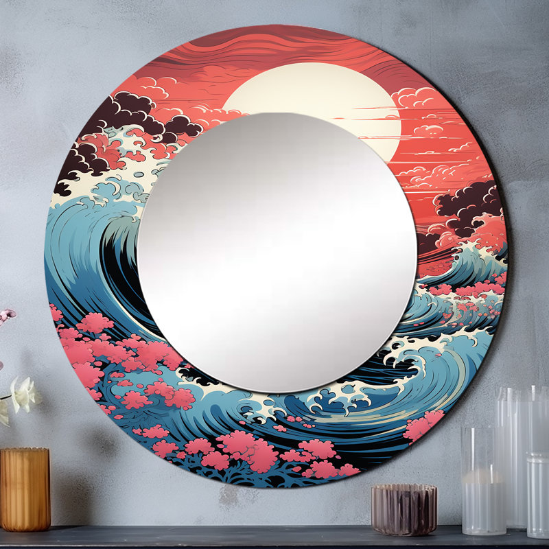 Sahanna Dramatic Ocean Waves VI - miroir côtier, miroir mural rond unique corail, impression sur métal, 29 po x 29 po