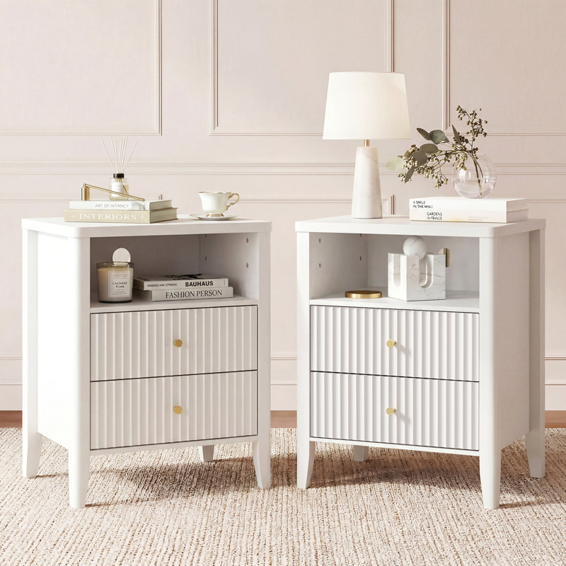  Nightstand Set of 2 with Charging Station, 22" fluted set Bedside Table with 2 Drawers, Open Shelf, Rounded Top & Solid Wood Legs,White