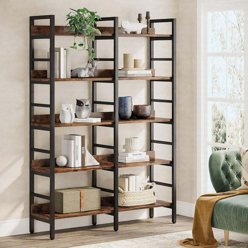 Bibliothèque 70,70 po de hauteur, 5 niveaux, brun rustique, unité de rangement double largeur