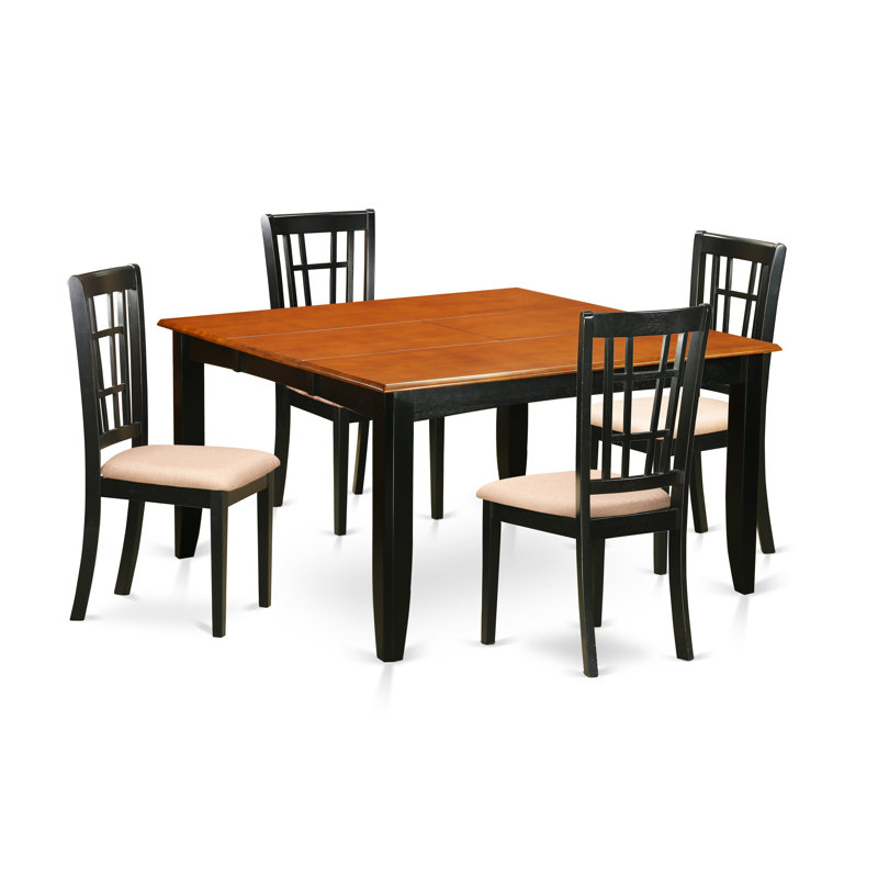 Ensemble de table de salle à manger 5 pièces pour 4 personnes comprenant une table de cuisine carrée avec rallonge papillon et 4 chaises de salle à manger en lin, noir et cerise