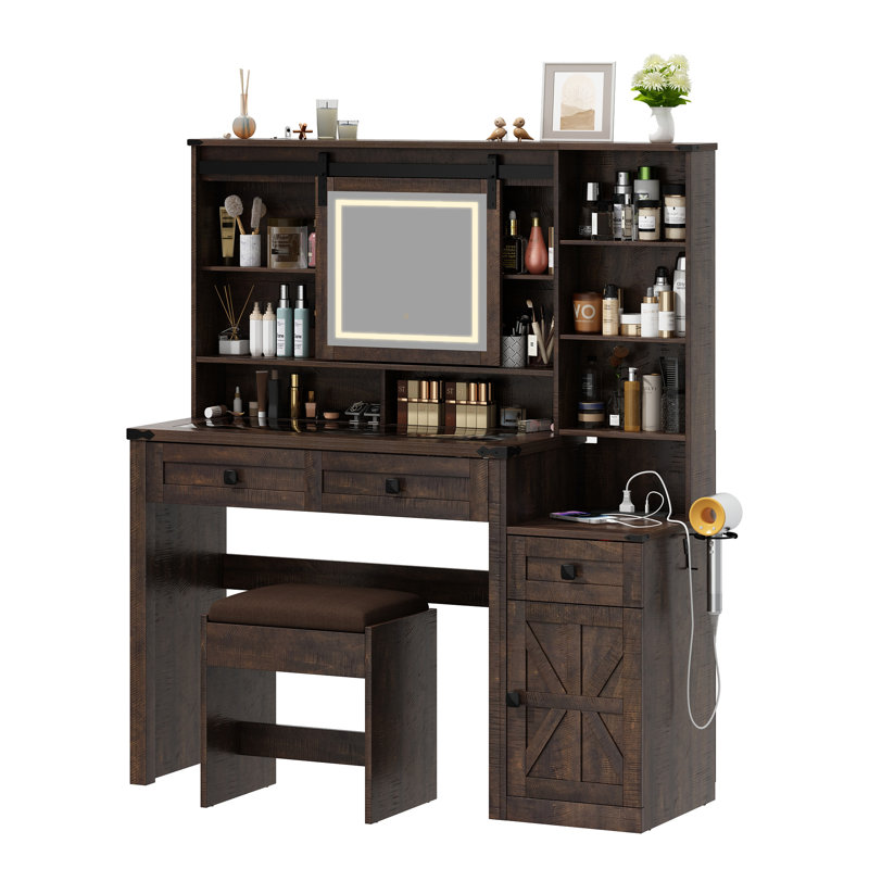 Barn Door Makeup Vanity Set with Lighted Mirror & Socket