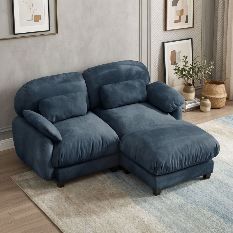 Canapé d'angle 2 places avec pouf amovible, Bleu