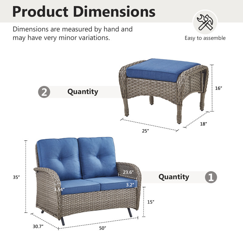 Causeuse de terrasse extérieure en osier de 50 po de large avec repose-pieds, Bleu, Gris