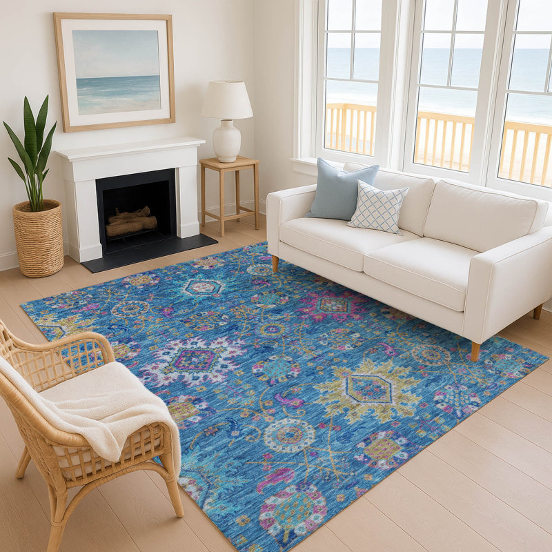 Premium Machine Washable Mayfield AMF2151 medallions Rug, Blue, Rectangle 9' x 12'