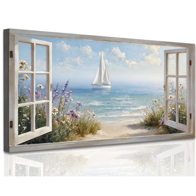  Plage, art mural sur toile, fenêtre ouverte rustique, photos d'océan côtier, peinture sereine, œuvre d'art nautique, décoration pour salon, chambre tropicale, 12 x 24 pouces