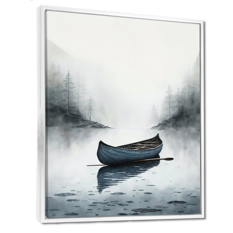 Canot sur le lac I - art mural grand bateau côtier, H 40 po x l 30 po, Cadre flottant blanc