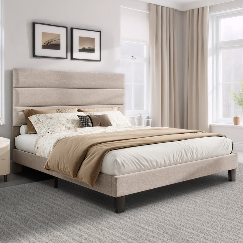 Alti Modern Full Size Bed Frame with Linen Upholstered Headboard,Cream, Cream, Full / Double
