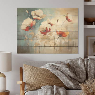 Beige, coquelicot, pré, mélodie I - coquelicots, art sur bois de pin naturel