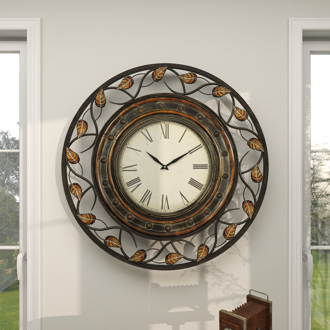 Metal Medallion Leaf Decorative Wall Clock with Scrolled Vines and Floral Accents Fleur De Lis Living