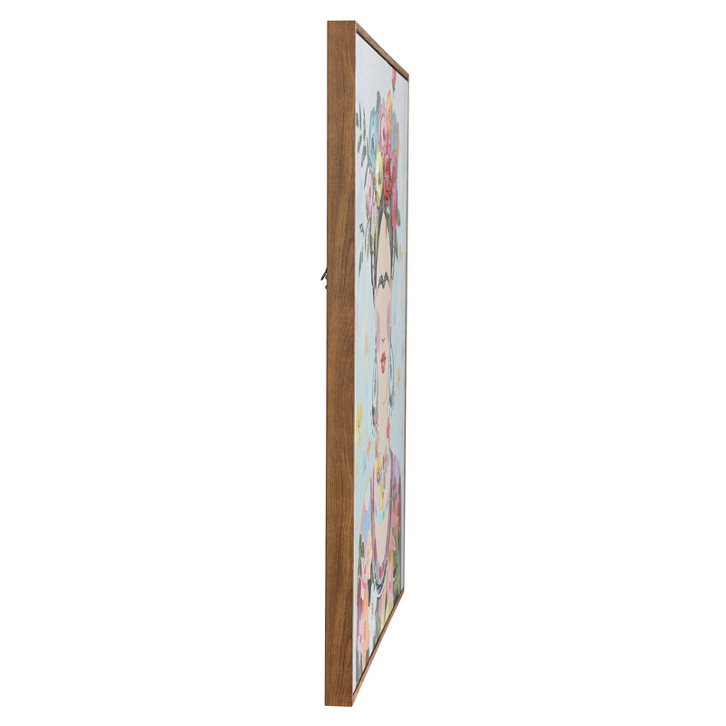 Boho Frida - Art mural portrait de femme peint à la main en acrylique - Cadre en bois naturel