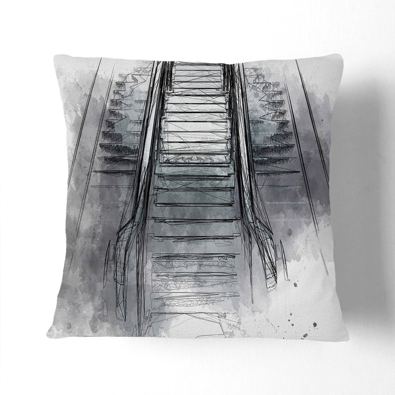 Escalator Heading up in Abstract Cushion with Filling, 40cm H x 40cm W x 15cm D, White