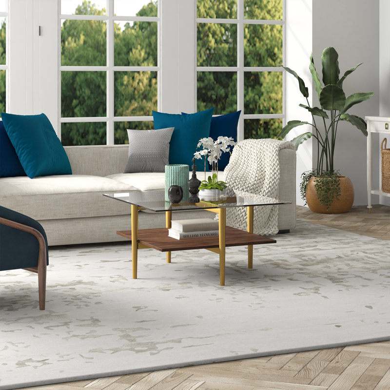 Four Leg Coffee Table with Storage, Brass/Brown