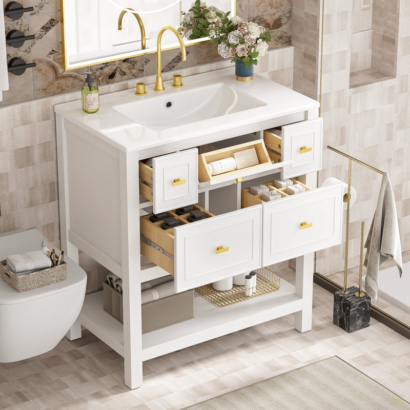 Ensemble de meuble-lavabo simple 30 po avec 5 tiroirs, ensemble de meuble-lavabo autoportant avec cadre en bois massif 30 po