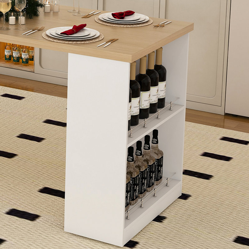 Expandable Kitchen Island with Dining Table with Power Outlet and 2 Drawers