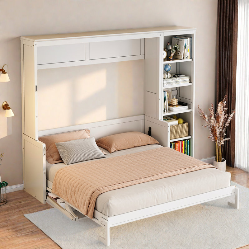 Lit escamotable avec bureau et tablettes Murphy, Blanc, Grand lit