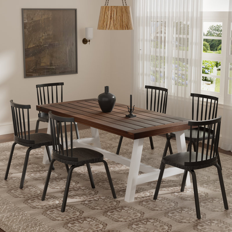 Ensemble de salle à manger Farmhouse, Blanc, Brun, 7 pièces: table et 6 chaises
