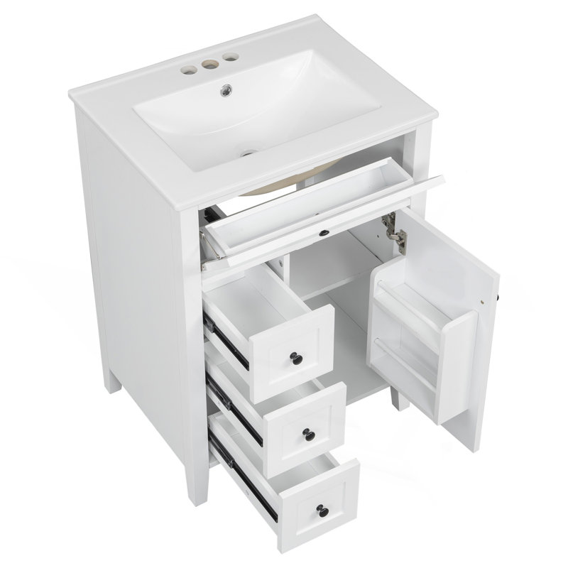 "24" White Bathroom Vanity With Sink, MDF & Rubberwood Construction, 3 Drawers & Cabinet With Adjustable Shelves, Modern Design For Small To Medium Bathrooms"