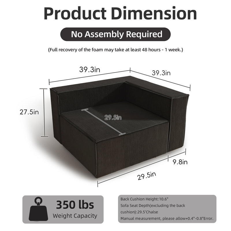 Fauteuil d'angle Boneless Comfy Cloud 39 po, aucun assemblage requis, Noir