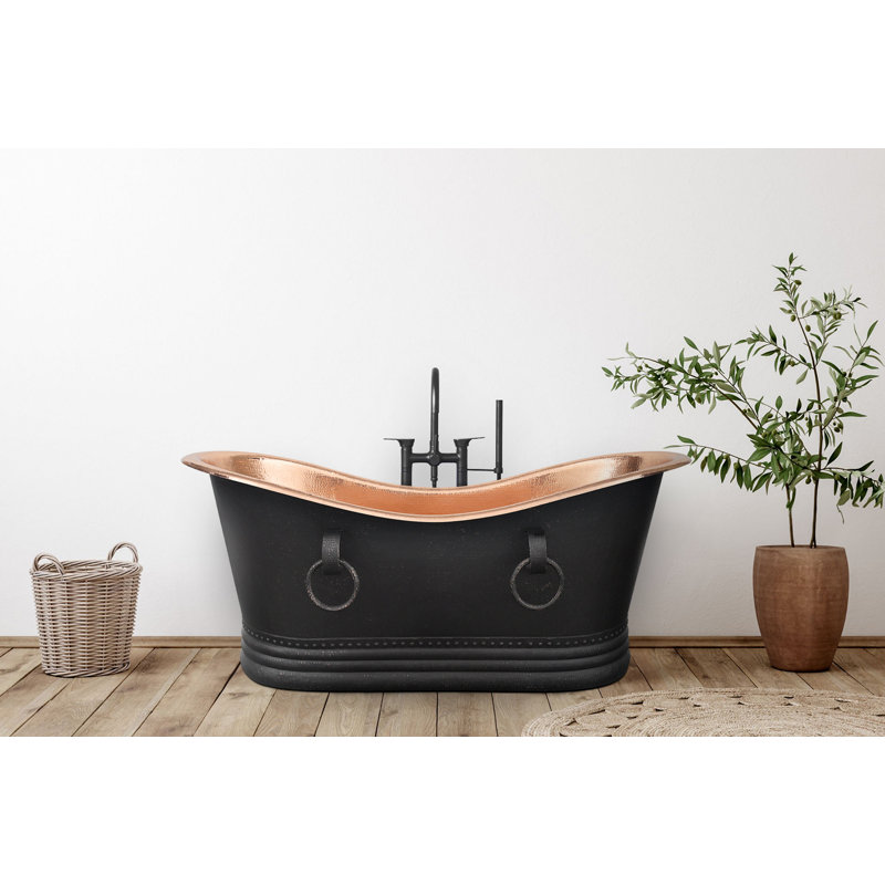 67" Hammered Double Slipper Bathtub With Rings, Glazed Black/Polished Copper