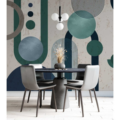 Murale géométrique verte et marine | Papier peint Mid-Century Modern Shapes | Non-tissé ou pelez et collez