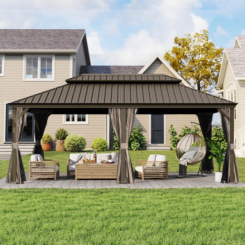 Outdoor Galvanized Steel Patio Gazebo with Double Roof, Brown, 120.94" H x 233.7"W x 142.44"D