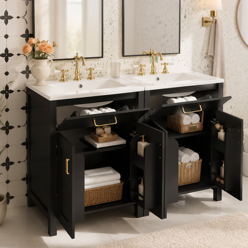 Meuble-lavabo moderne de 48 pouces avec lavabo en céramique, portes à fermeture en douceur, tiroir rabattable, tablettes de porte à double couche, solution de rangement élégante