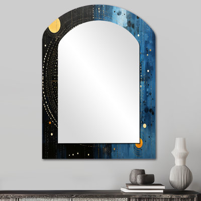 Bleu noir abstrait minimaliste lignes rondes III - miroir décoratif minimaliste asymétrique, grand miroir mural moderne, impression sur métal