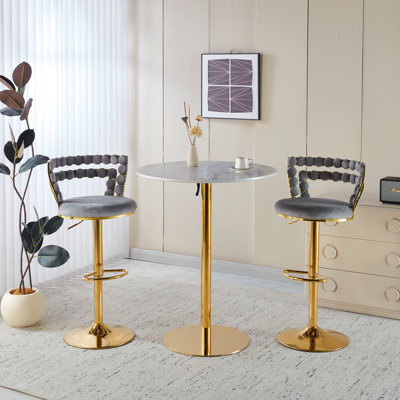 Modern Gold Bar Table Set With 2 Adjustable Bar Stools, Round Marble-Patterned Pub Table For Home Bar & Kitchen