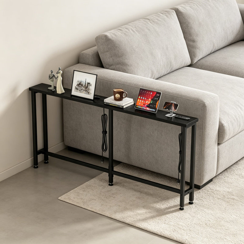 Sofa Table With Built-In Power Strip - 4 AC Outlets & 4 USB Ports, 4.9Ft Power Cord, Metal Frame, Easy Assembly For Behind Couch, Hallway, Living Room, Home Office