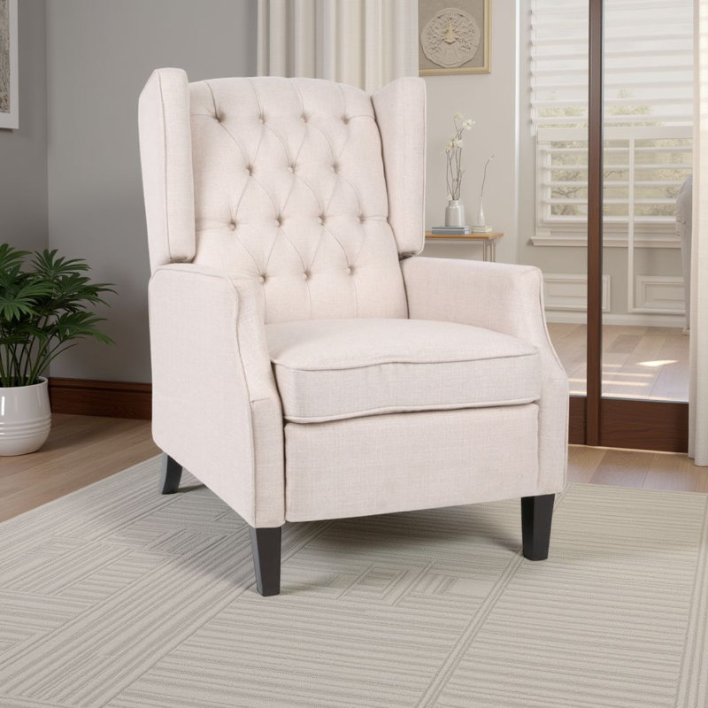 Fauteuil inclinable à dossier poussoir, pieds plissés, tissu plissé touffeté beige, Tissu beige