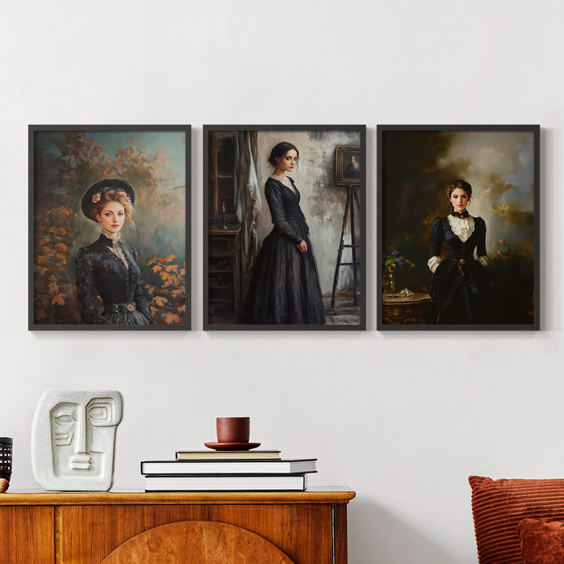 Série féminine LXII - Ensemble de 3 estampes numériques encadrées - Prêt à être accroché, Noir, H 20 po x l 48 po