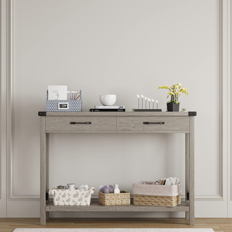 Console Table With 2 Drawers, Farmhouse Sofa Table With Storage Shelf, Accent Wood Entryway Table, Gray
