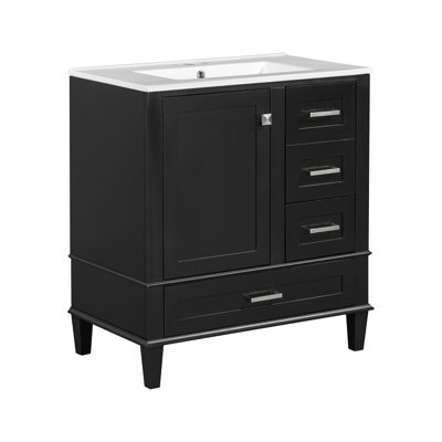 Modern 30" Bathroom Cabinet, Black Finish, Solid Wood + , Ceramic Countertop, 3 Drawers & Soft Close Door For Unrivaled Storage Vanity With Wood, Panels, Sink,