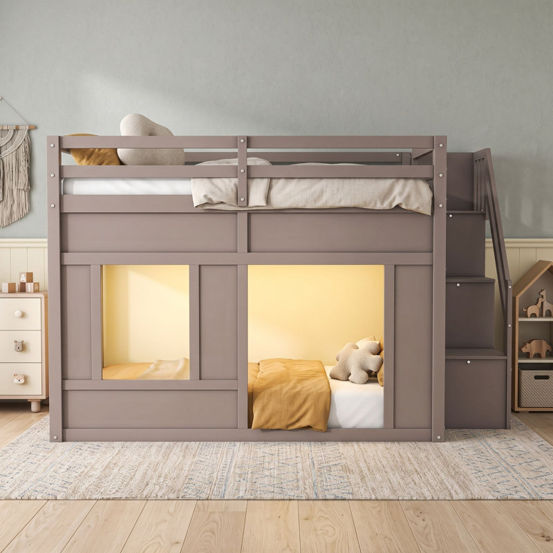 Lit superposé bas en bois avec escalier de rangement, éclairage DEL et barrières de sécurité complètes, Double sur double
