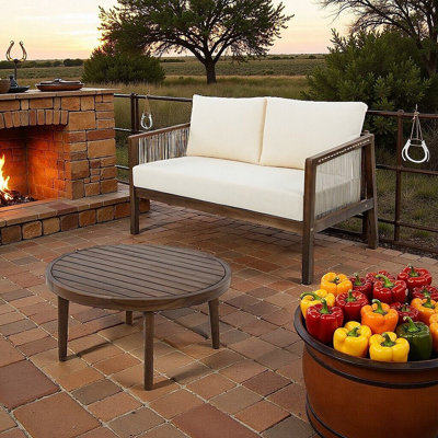 Outdoor Acacia Wood Loveseat & Coffee Table Set With Rope Detail