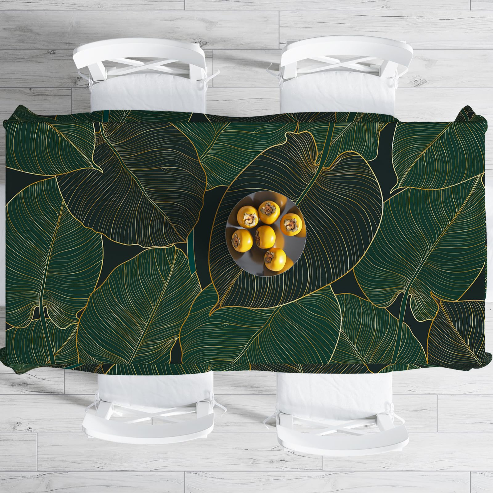 White Floral Green Leaf Repeat Rectangle Tablecloth