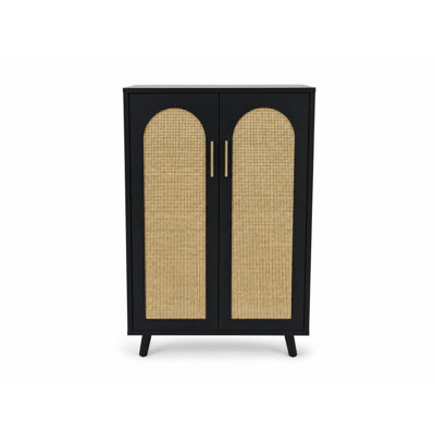 Natural Rattan Sideboard Buffet Cabinet with 2 Doors & Adjustable Shelves, Wooden Storage for Living Room Dining Room Hallway Coffee Bar, Natural Wood Color
