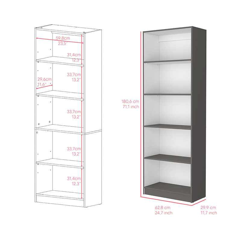 Bibliothèque à 4 tablettes, bureau, Gris