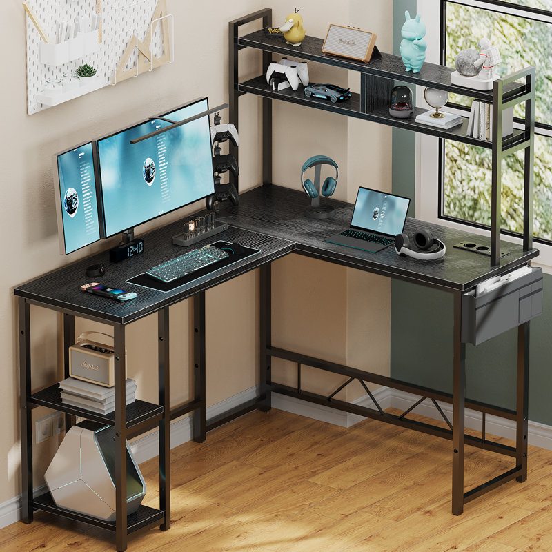 L-Shape Computer Desk 140cm x 50cm x 75cm with Adjustable Storage Rack, 90cm x 50cm x 75cm, Black, Black