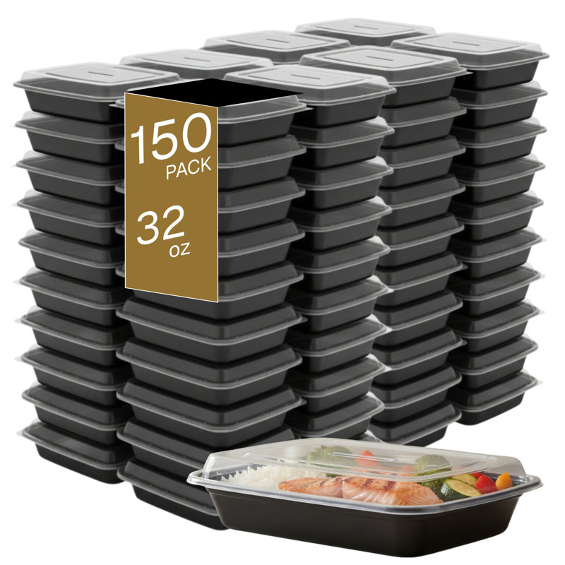 Microwaveable Container (Shallow) with Lid, 32oz, 150-Pack