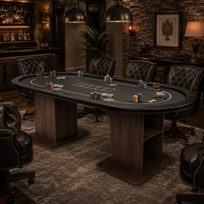 Table de poker en bois noir et noyer de 160 cm de large avec pattes de rangement et bande de maintien en cuir