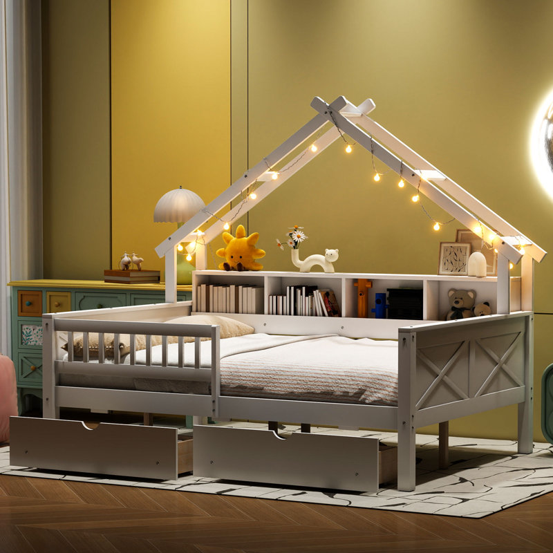 Lit plateforme double en bois avec rangement et garde-corps, Blanc