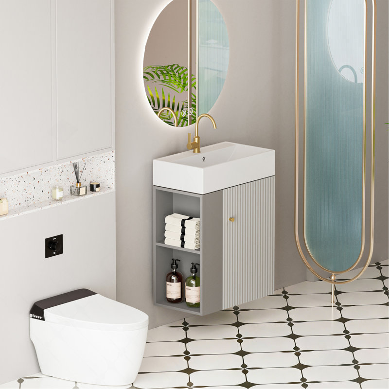 Meuble-lavabo à fixation murale 21,6 po avec lavabo en céramique, porte à fermeture en douceur, tablette gauche flottante, assemblage requis, gris
