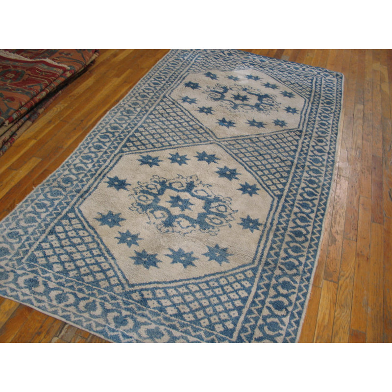 Geometric Star Pattern Antique White and Blue Color Cotton Agra Rug