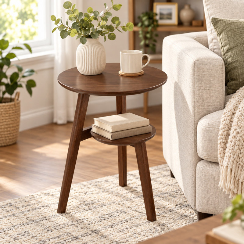 Solid Wood 2-Tier Round Side Table with Storage Shelf
