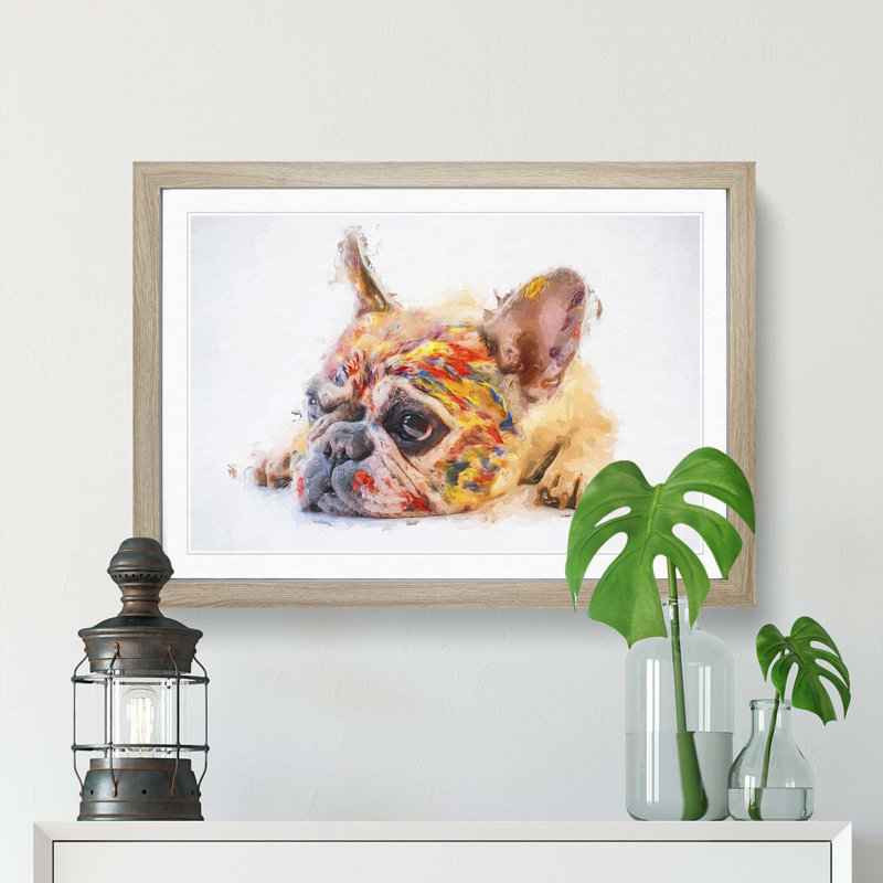 Painted French Bulldog in Abstract - Picture Frame Painting Print, Oak Framed, 27cm H x 36cm W x 2cm D